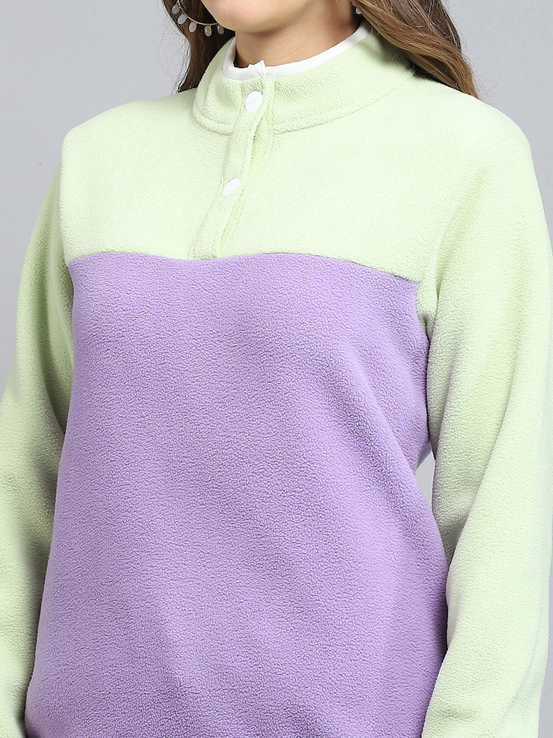 Rock.it Women Purple & Green Self Design Mock Neck Full Sleeve Sweatshirt
