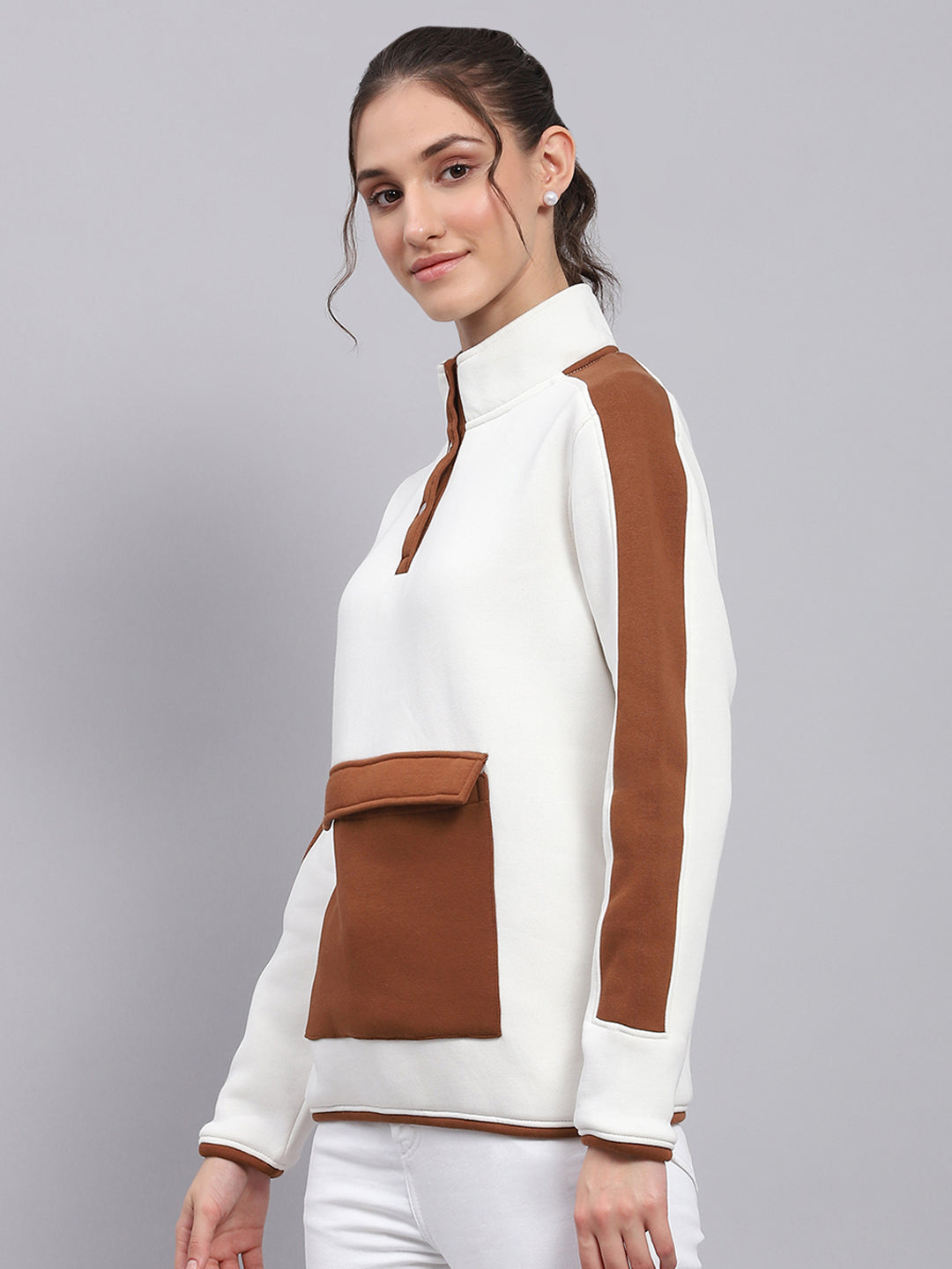 Women White Solid Mock Neck Full Sleeve Sweatshirt
