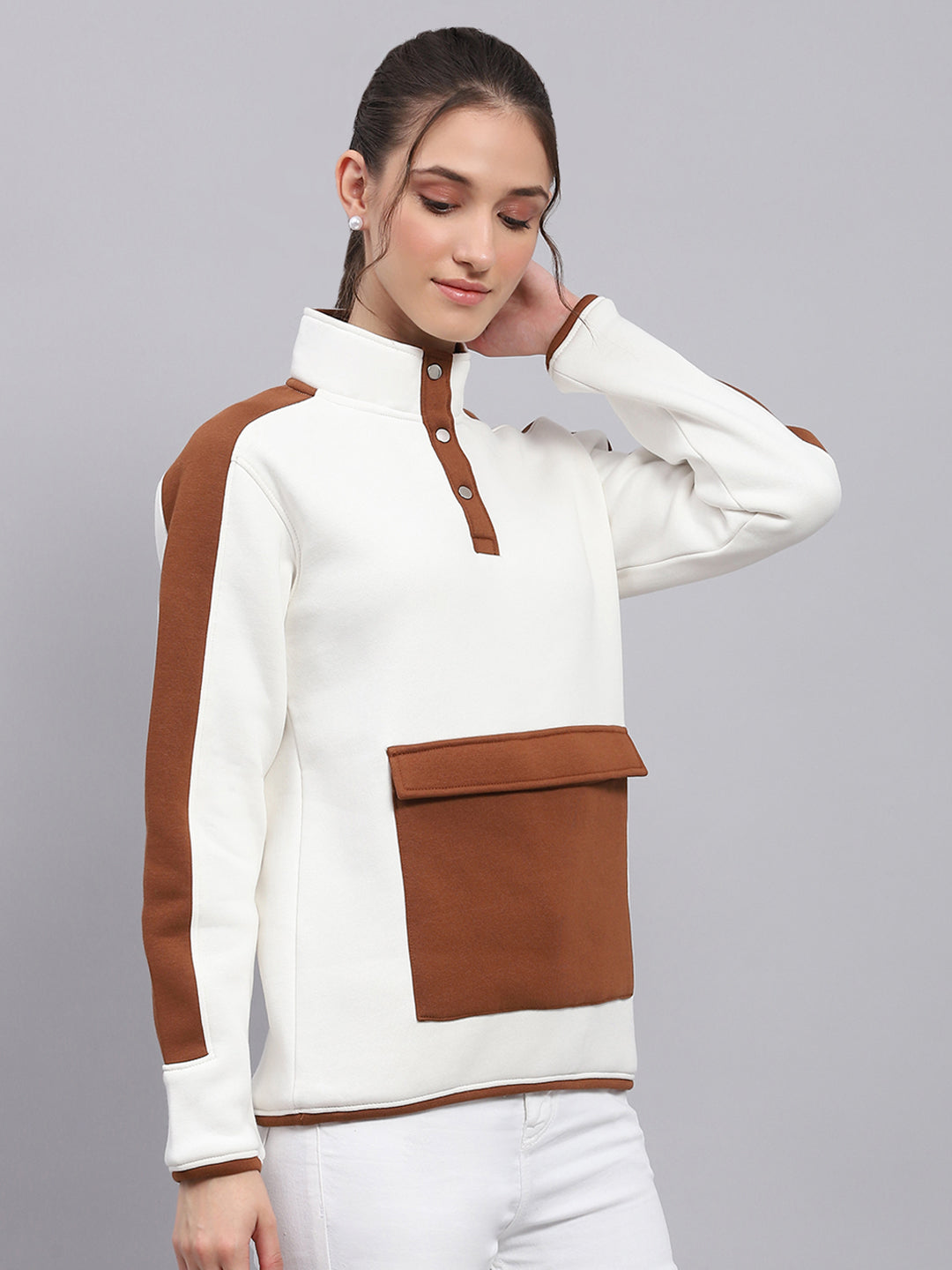 Women White Solid Mock Neck Full Sleeve Sweatshirt