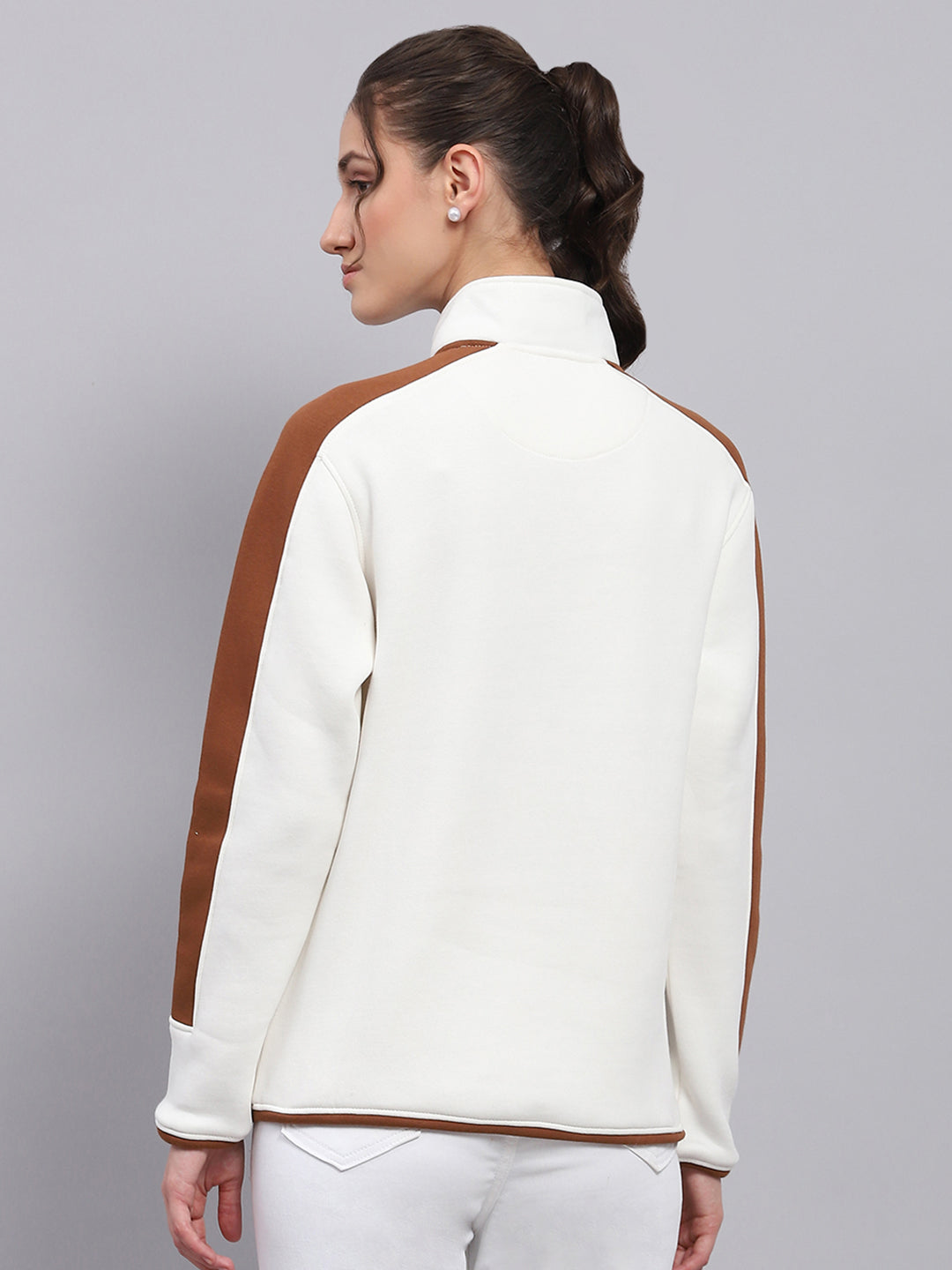 Women White Solid Mock Neck Full Sleeve Sweatshirt