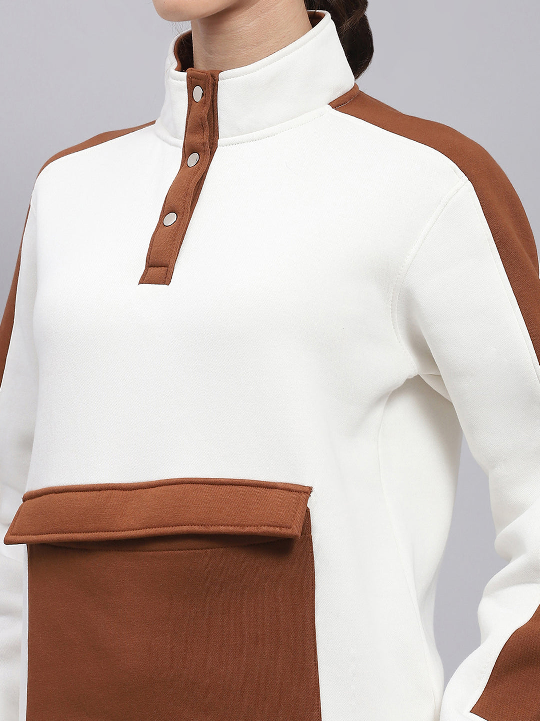 Women White Solid Mock Neck Full Sleeve Sweatshirt