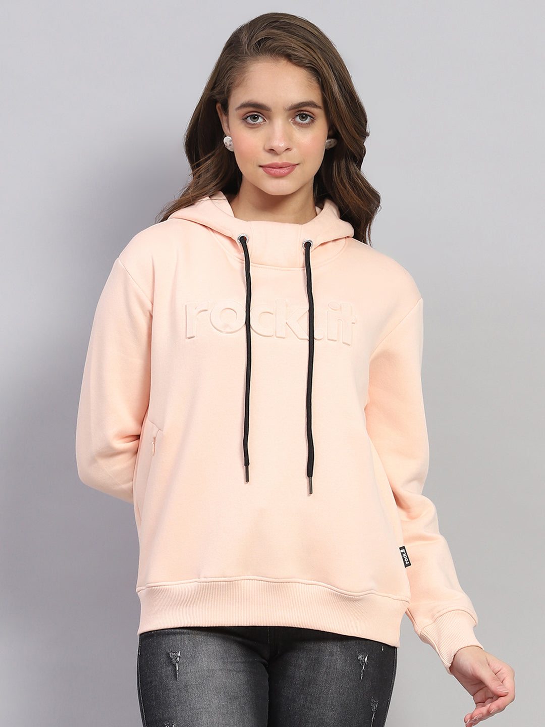 Women Peach Solid Hooded Full Sleeve Sweatshirt