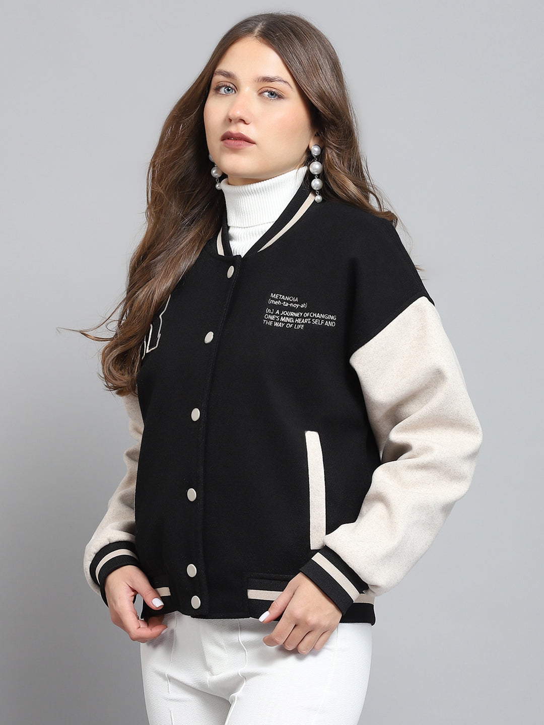 Rock.it Women Black Printed Band Collar Full Sleeve Jacket