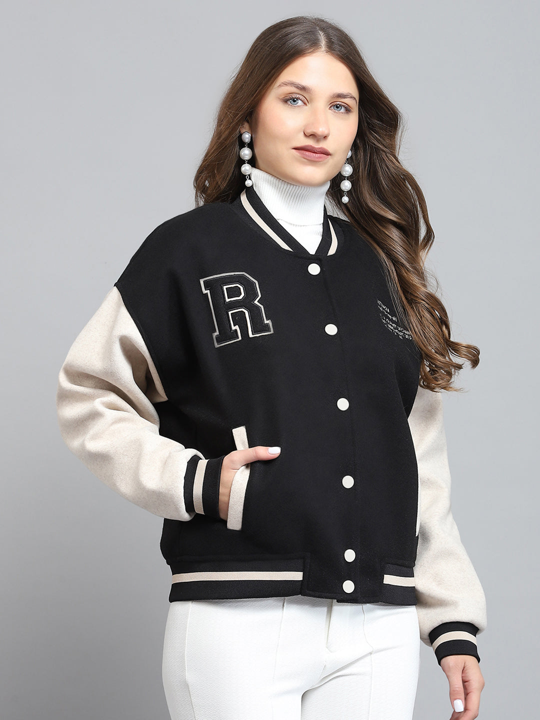 Rock.it Women Black Printed Band Collar Full Sleeve Jacket