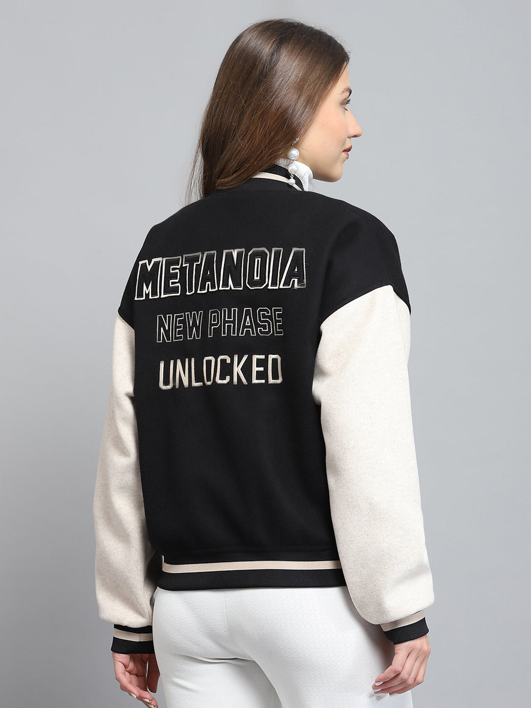 Rock.it Women Black Printed Band Collar Full Sleeve Jacket