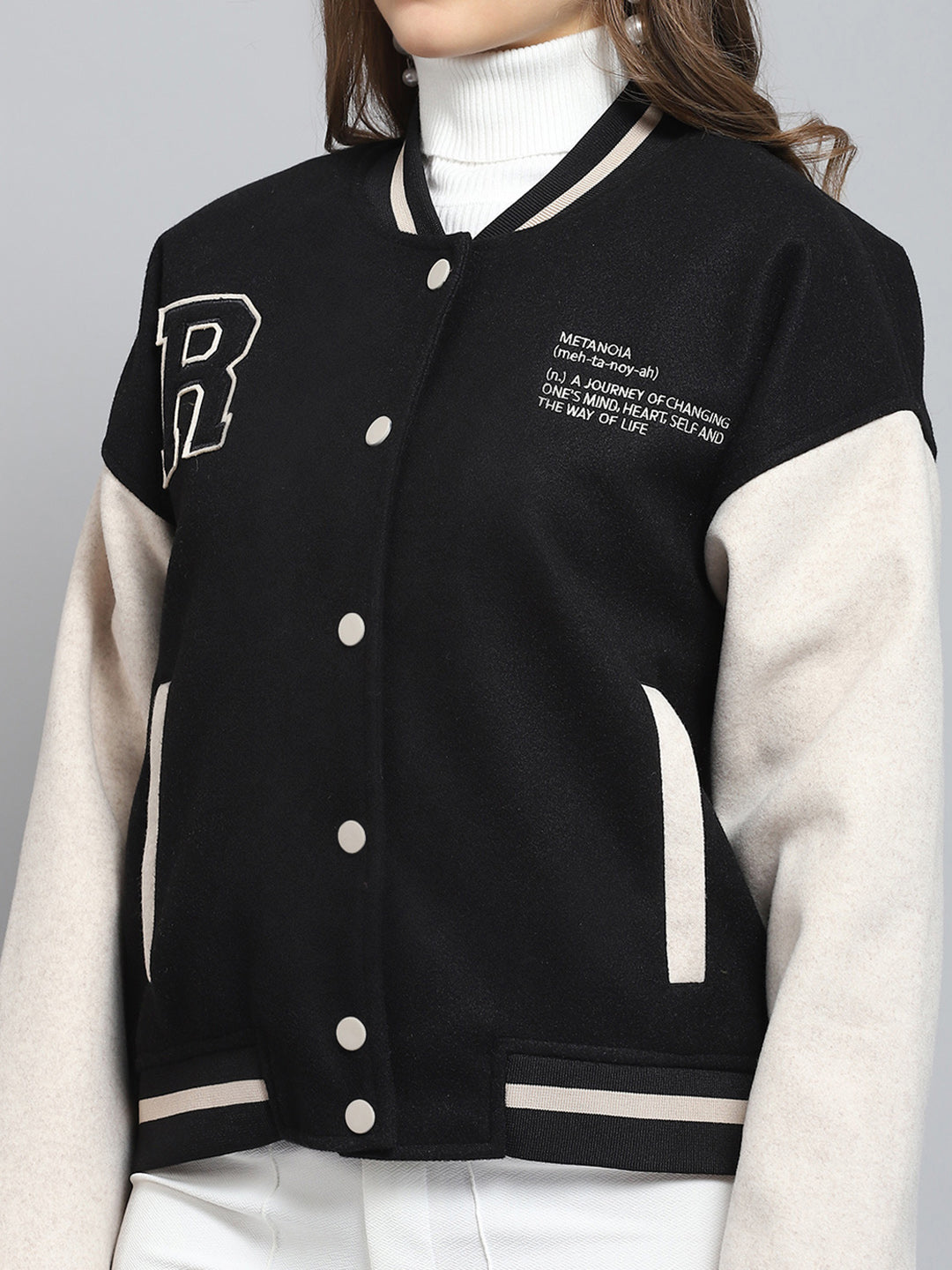Rock.it Women Black Printed Band Collar Full Sleeve Jacket