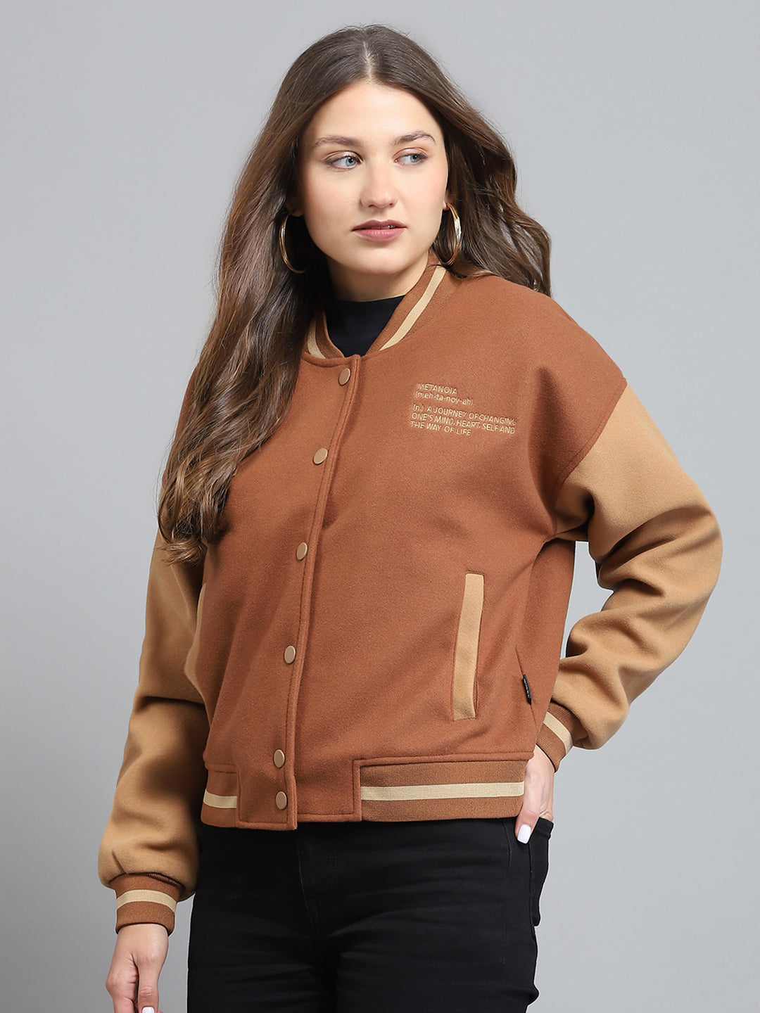 Rock.it Women Brown Printed Band Collar Full Sleeve Jacket