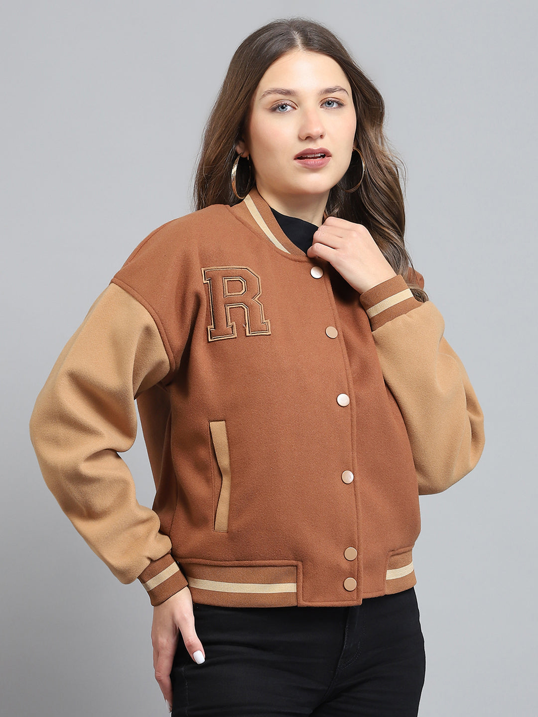 Rock.it Women Brown Printed Band Collar Full Sleeve Jacket