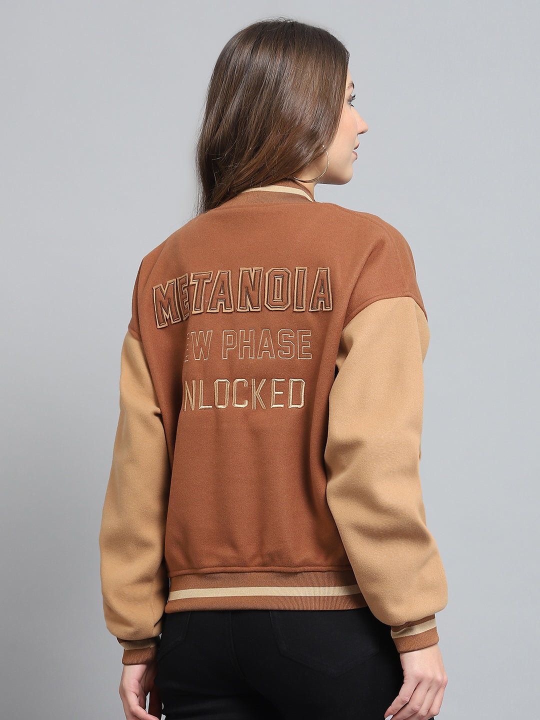 Rock.it Women Brown Printed Band Collar Full Sleeve Jacket