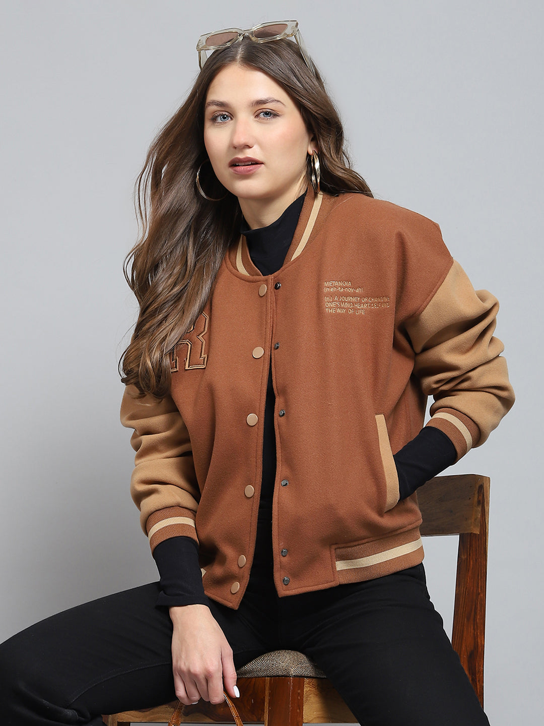 Rock.it Women Brown Printed Band Collar Full Sleeve Jacket