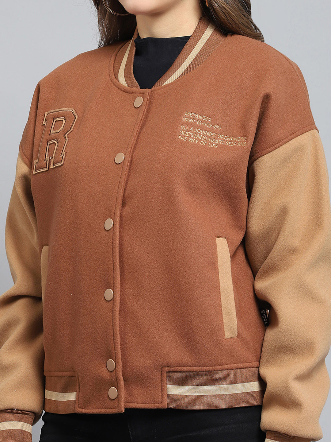 Rock.it Women Brown Printed Band Collar Full Sleeve Jacket
