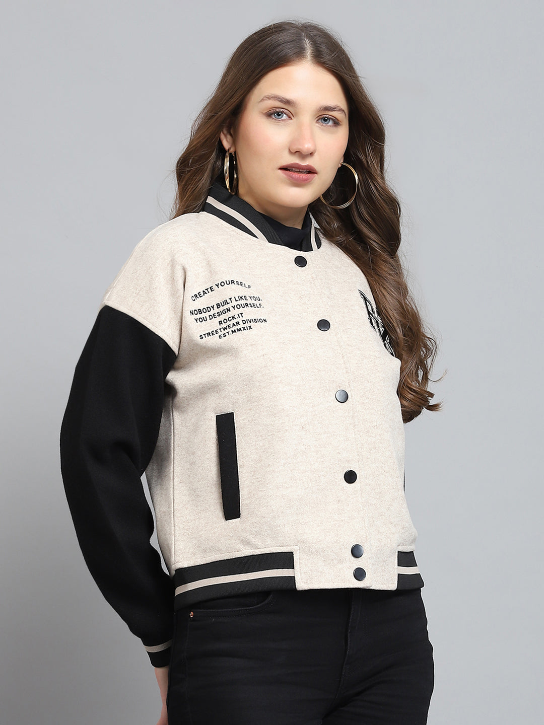 Rock.it Women Cream Printed Band Collar Full Sleeve Jacket