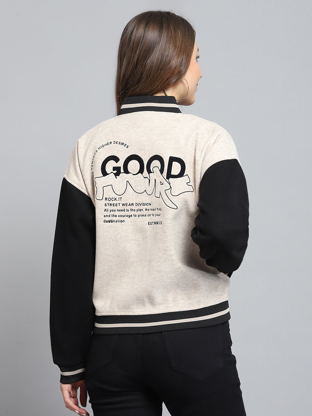 Rock.it Women Cream Printed Band Collar Full Sleeve Jacket