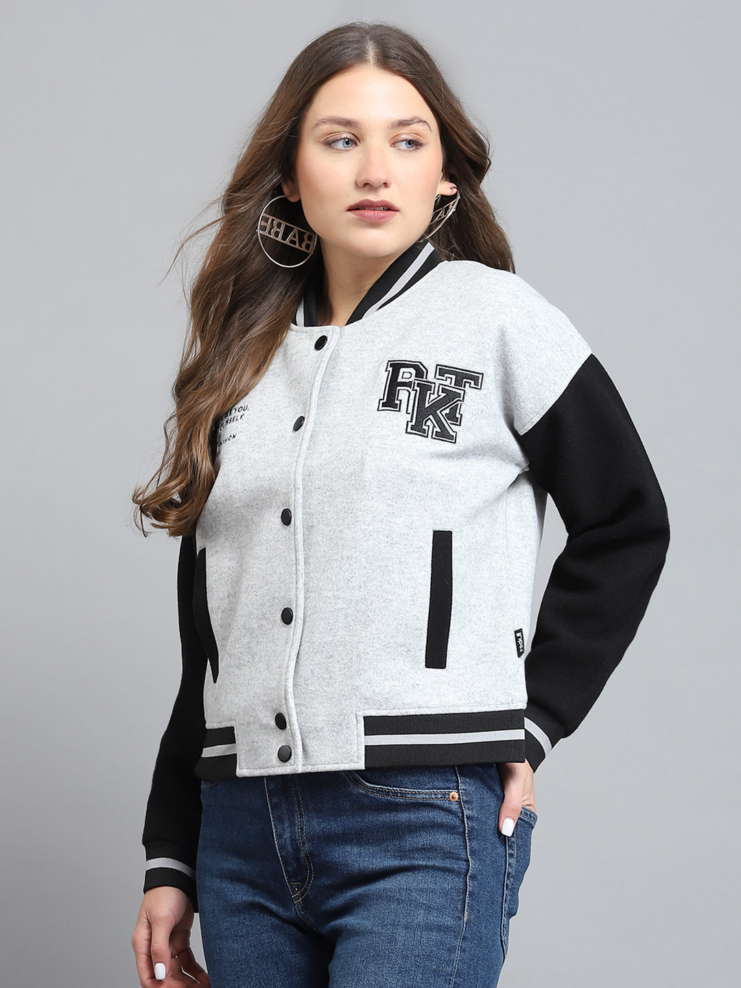 Rock.it Women Grey Printed Band Collar Full Sleeve Jacket