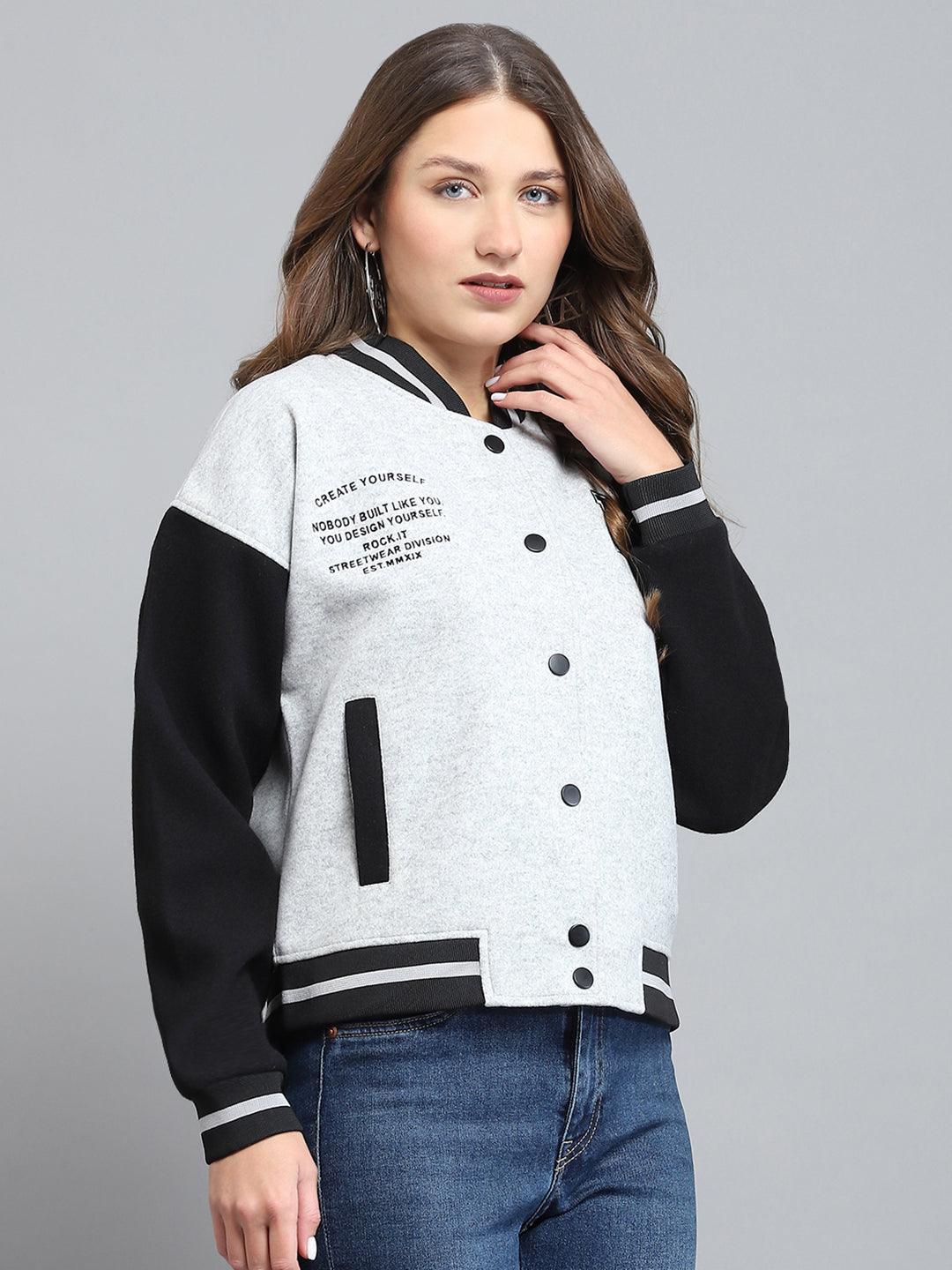 Rock.it Women Grey Printed Band Collar Full Sleeve Jacket