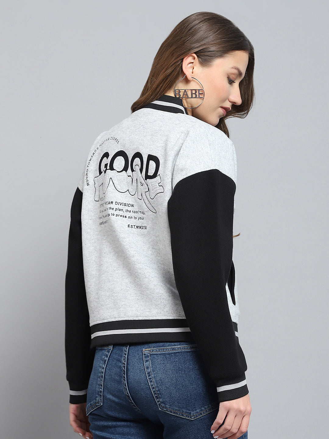 Rock.it Women Grey Printed Band Collar Full Sleeve Jacket