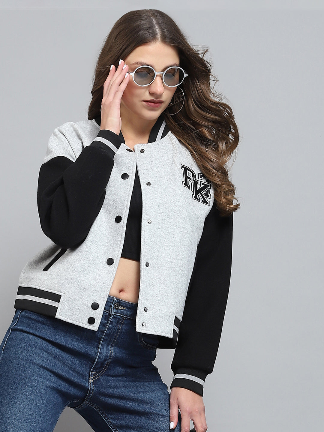 Rock.it Women Grey Printed Band Collar Full Sleeve Jacket