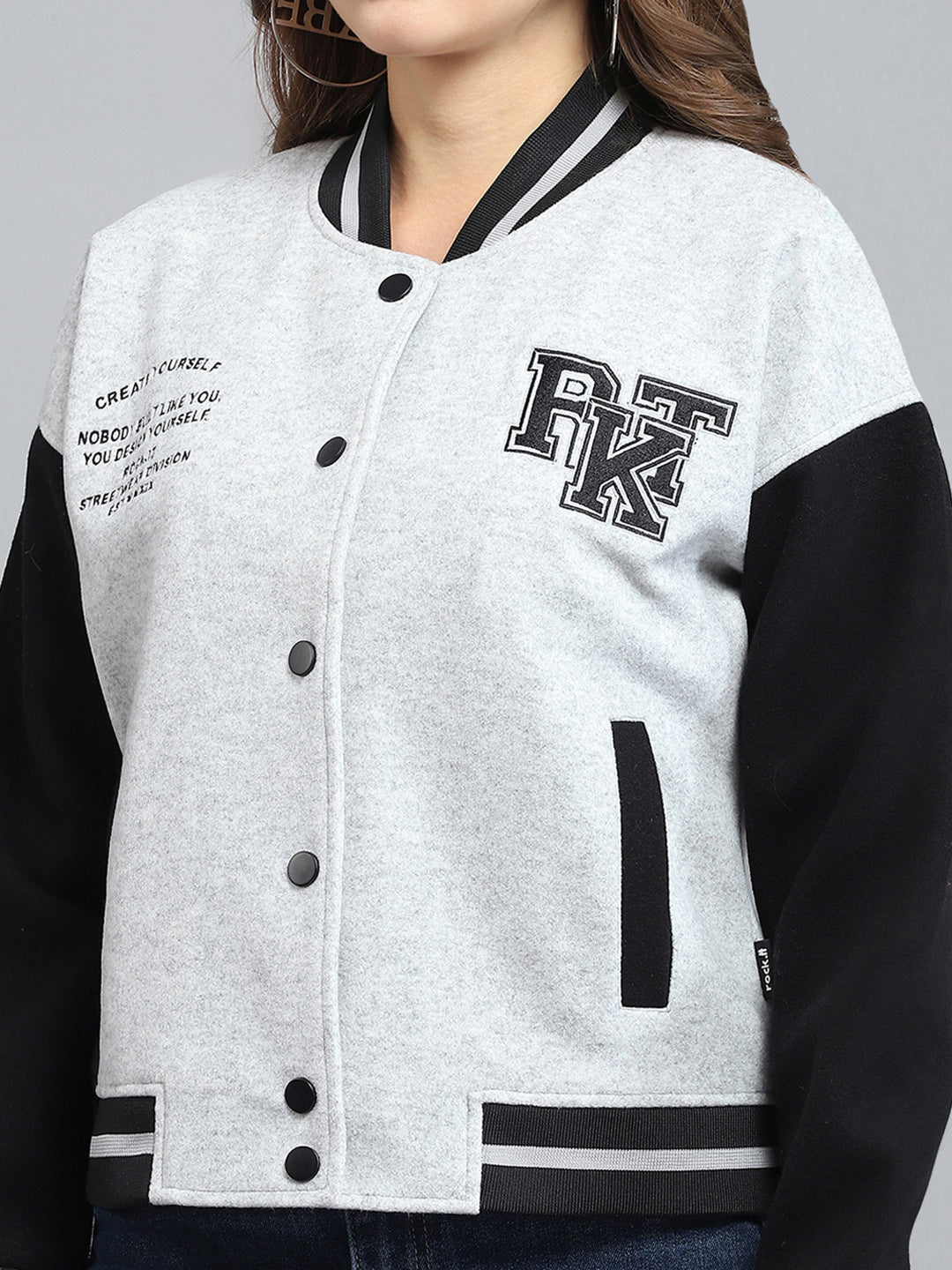 Rock.it Women Grey Printed Band Collar Full Sleeve Jacket