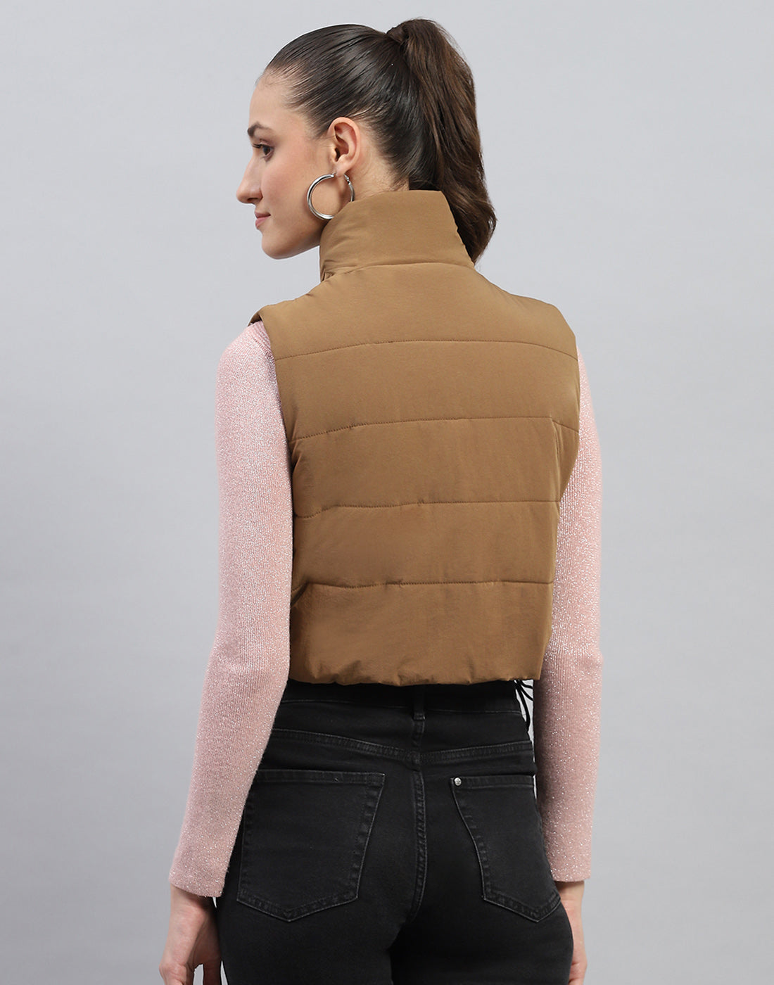 Women Brown Solid Mock Neck Sleeveless Jacket