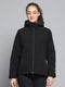 Women Black Solid Hooded Full Sleeve Jacket