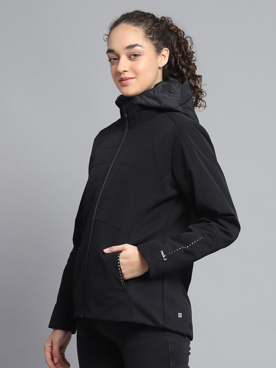 Women Black Solid Hooded Full Sleeve Jacket
