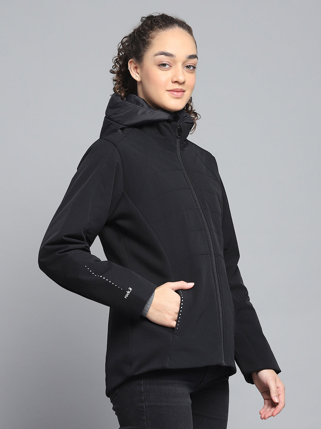 Women Black Solid Hooded Full Sleeve Jacket
