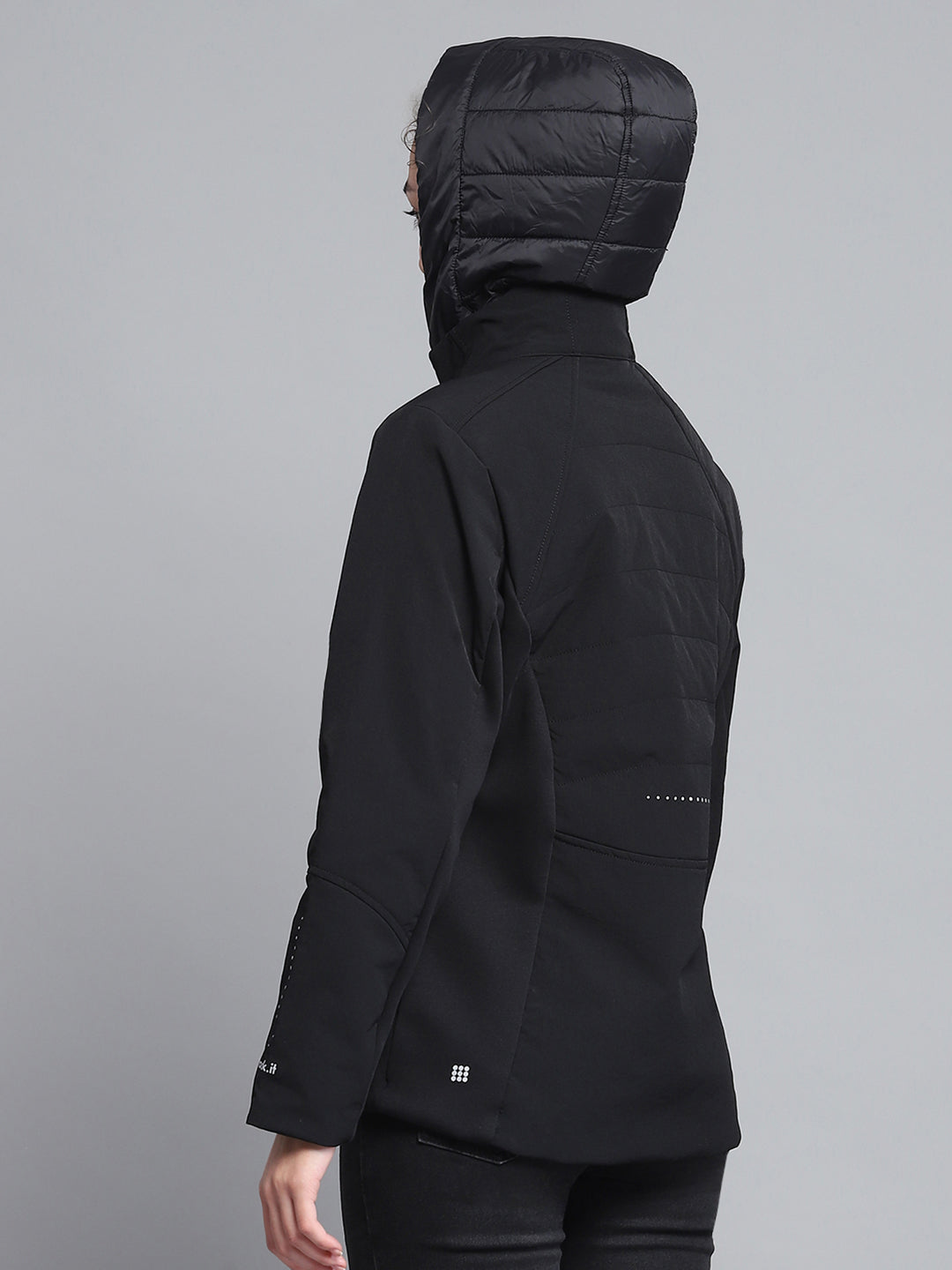 Women Black Solid Hooded Full Sleeve Jacket