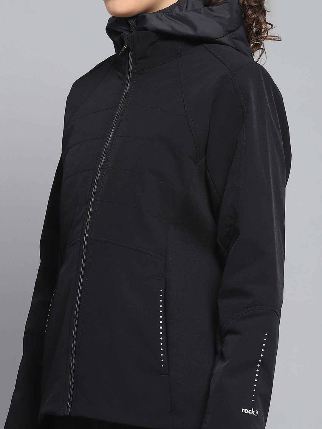 Women Black Solid Hooded Full Sleeve Jacket