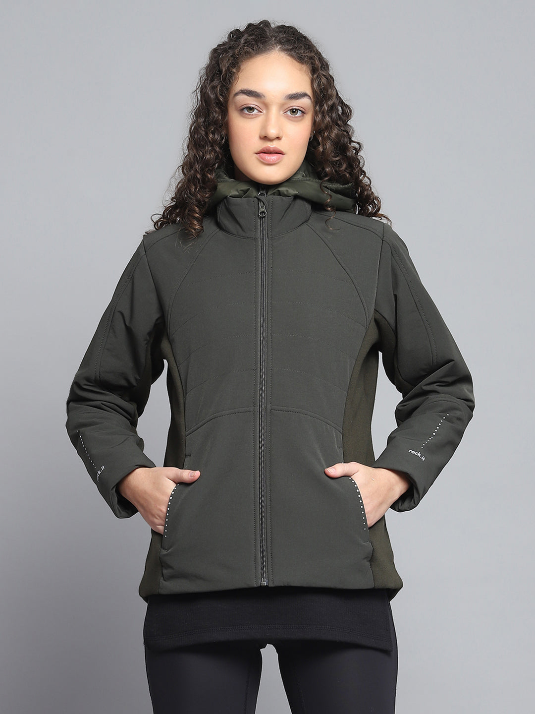 Rock.it Women Olive Solid Hooded Full Sleeve Jacket