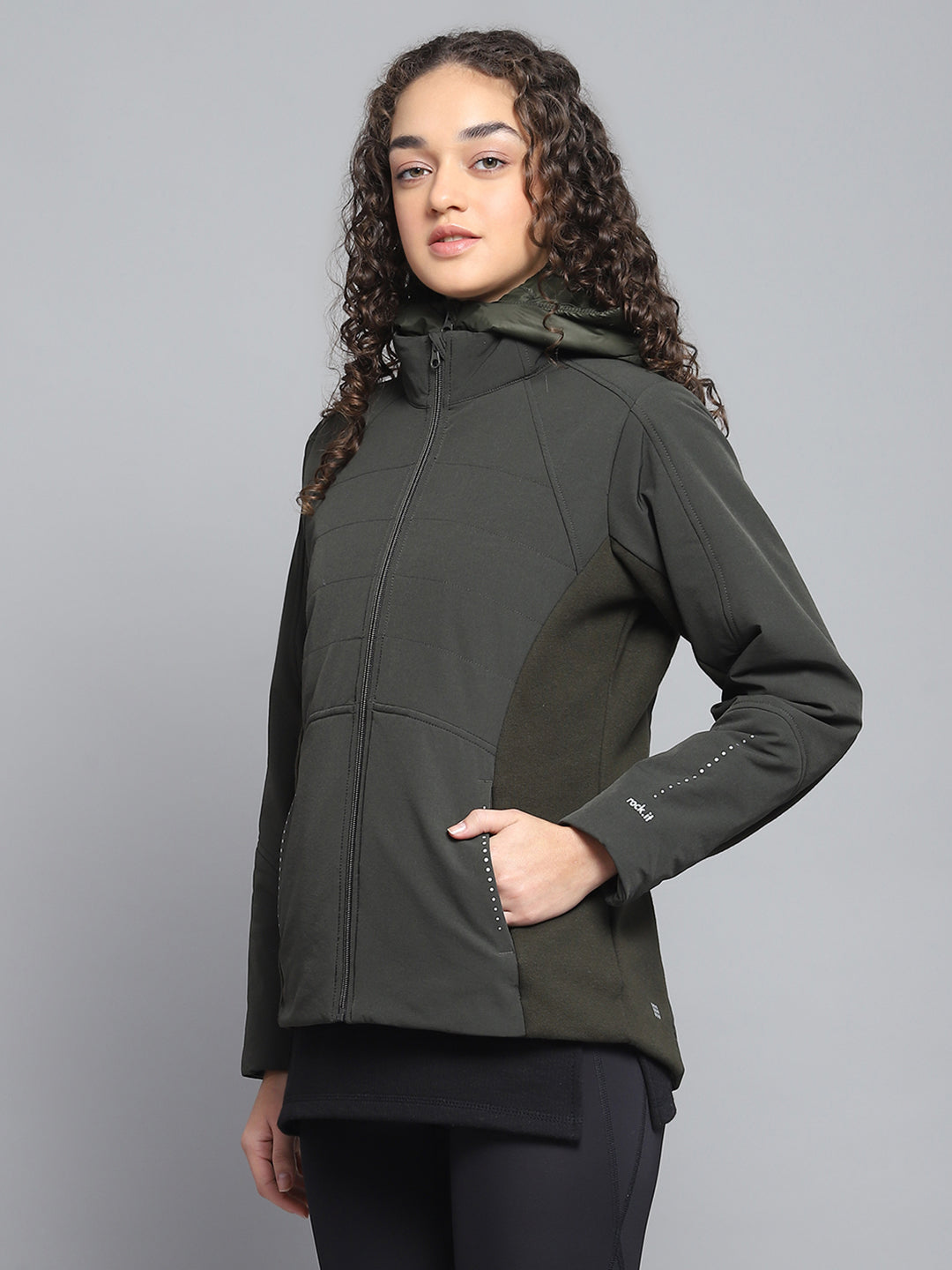 Rock.it Women Olive Solid Hooded Full Sleeve Jacket