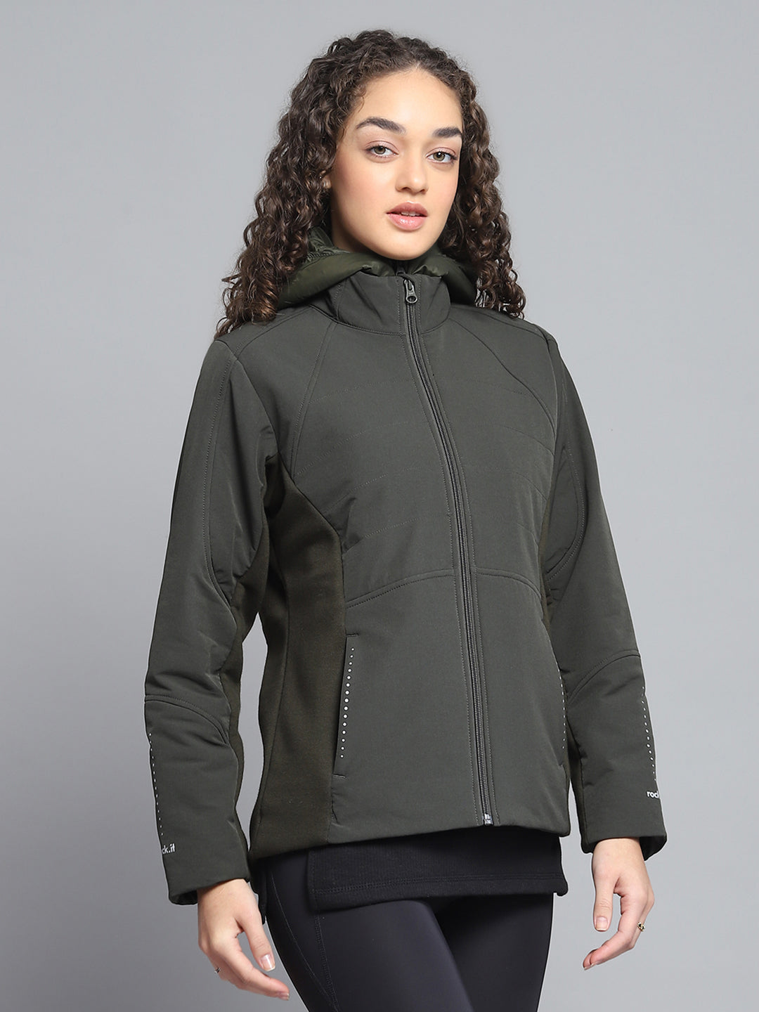 Rock.it Women Olive Solid Hooded Full Sleeve Jacket