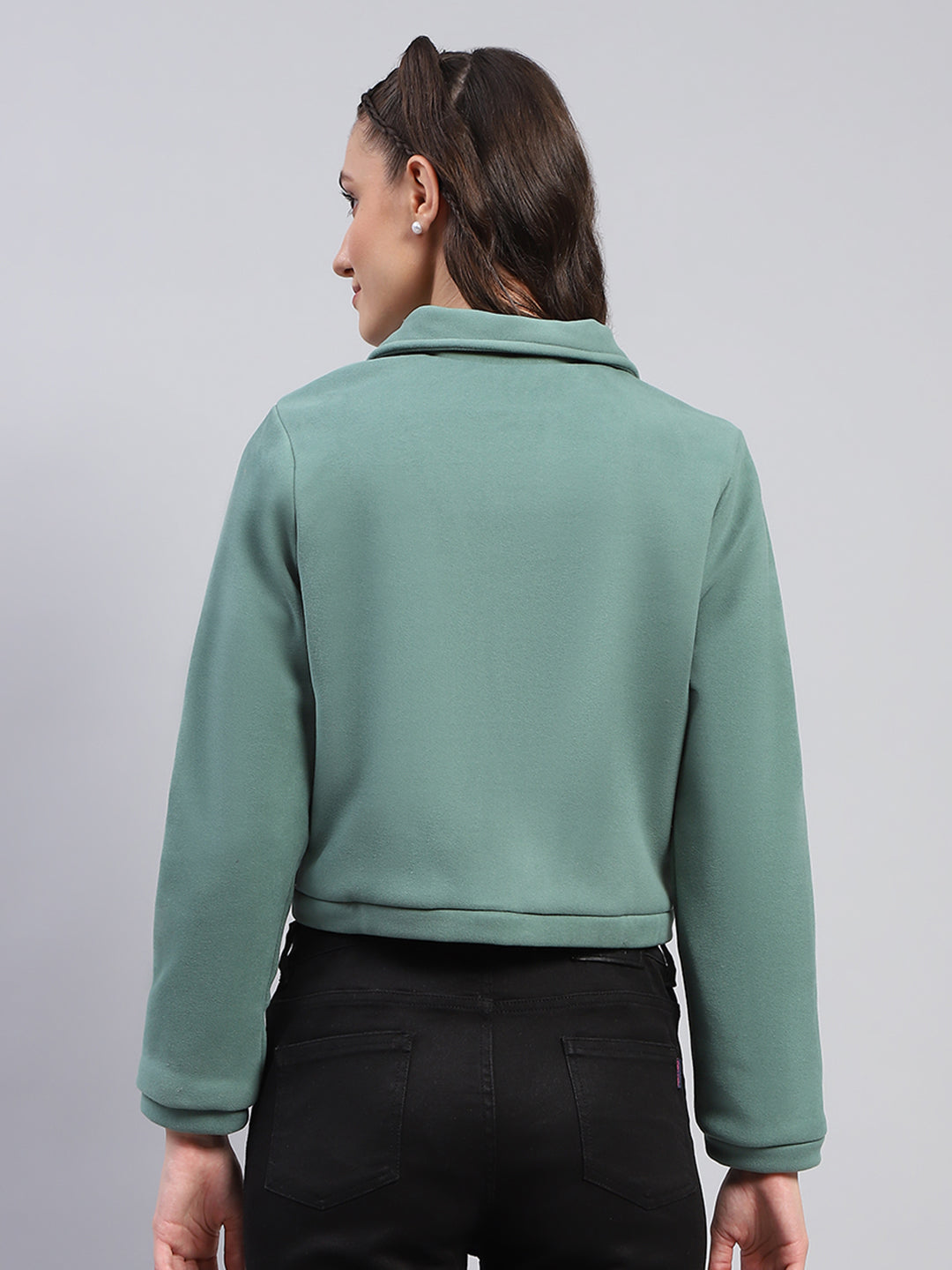 Women Green Solid Collar Full Sleeve Jacket