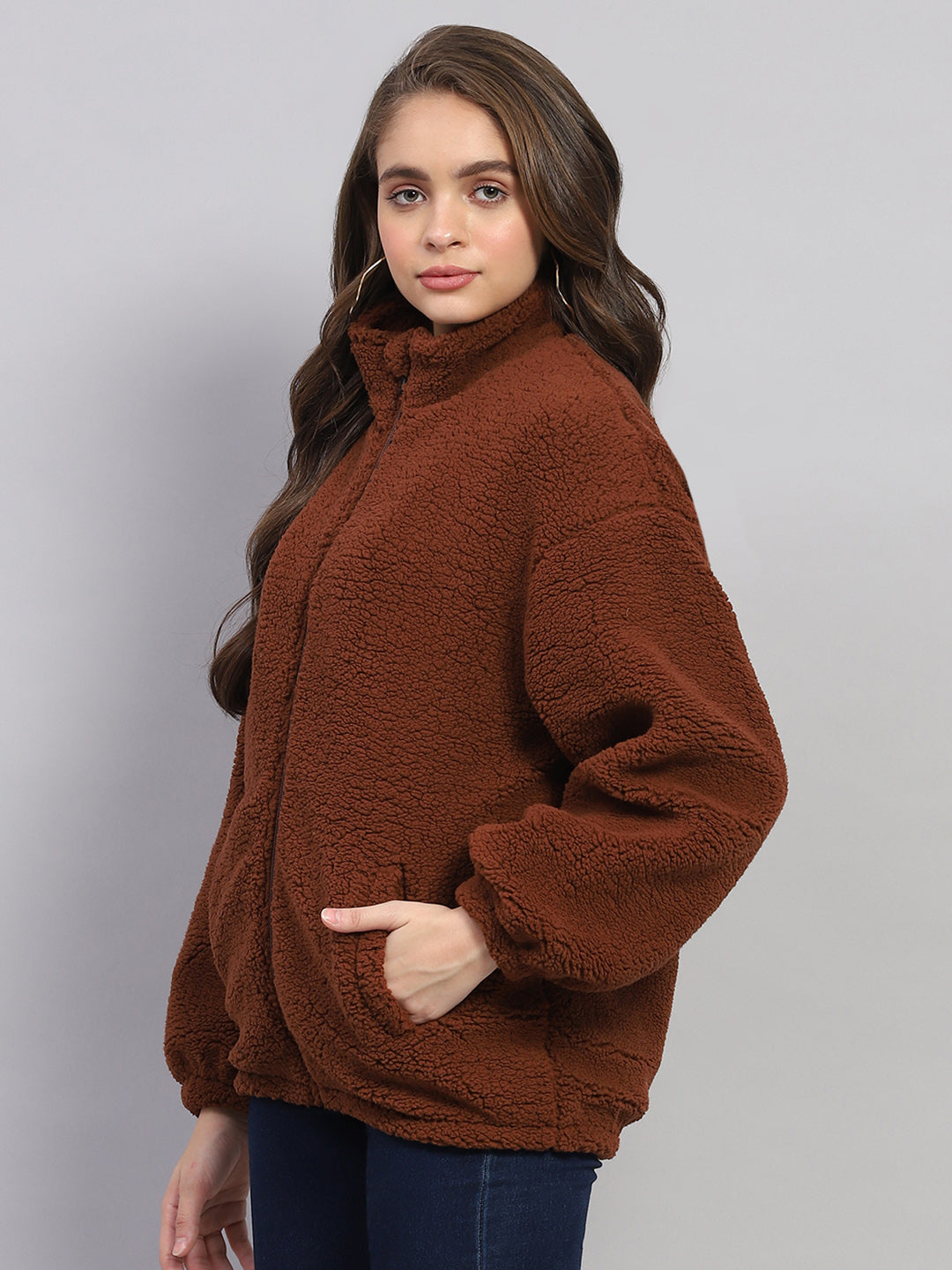 Women Rust Solid Mock Neck Full Sleeve Jacket