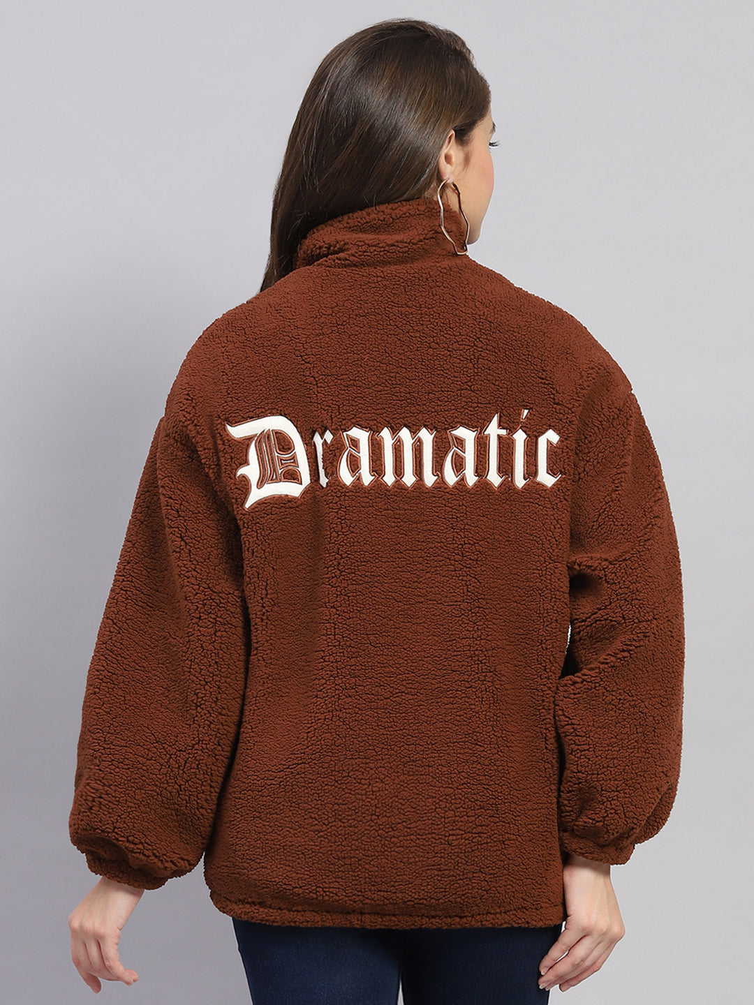 Women Rust Solid Mock Neck Full Sleeve Jacket
