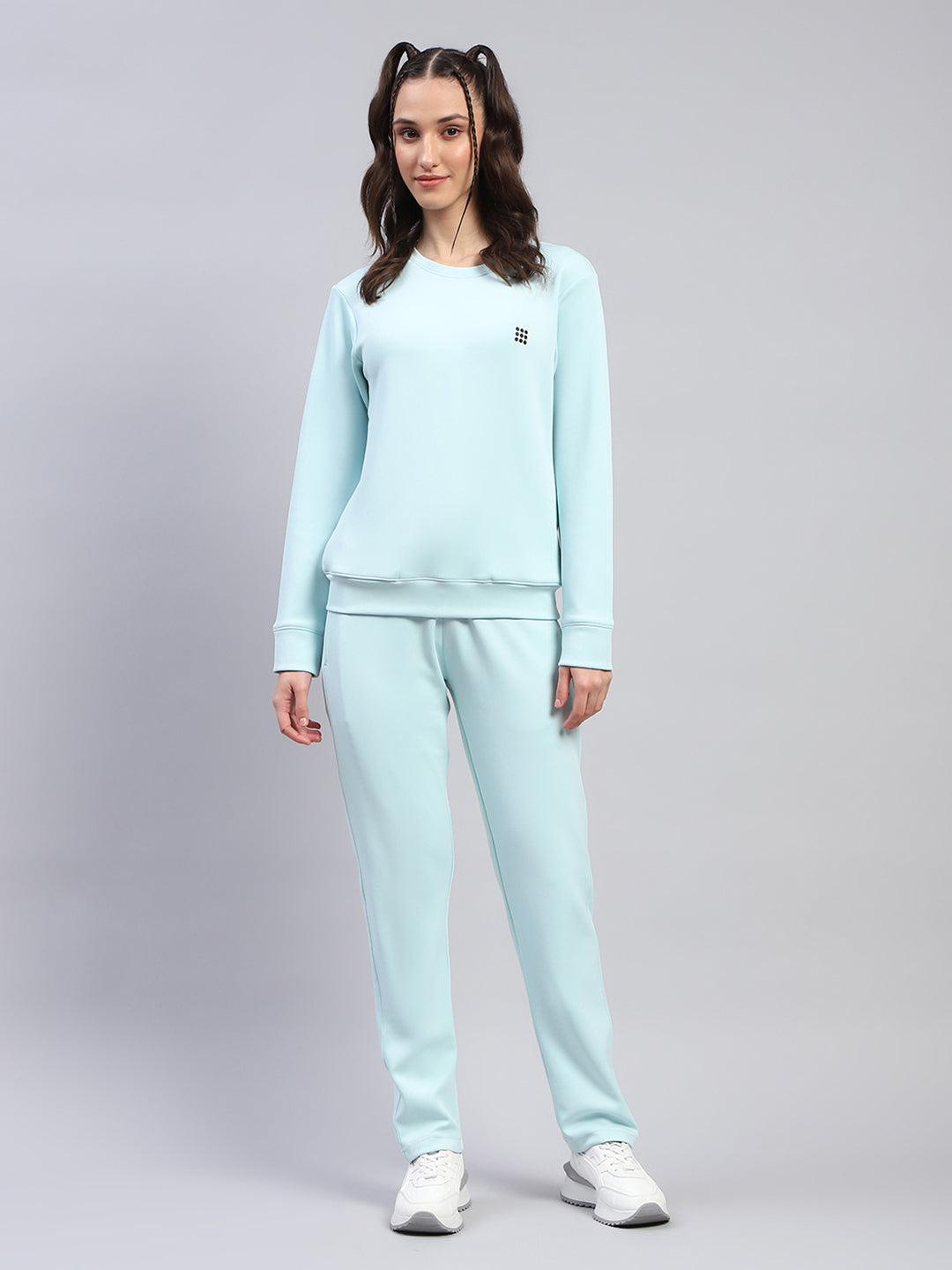 Women Blue Solid Round Neck Full Sleeve Tracksuit