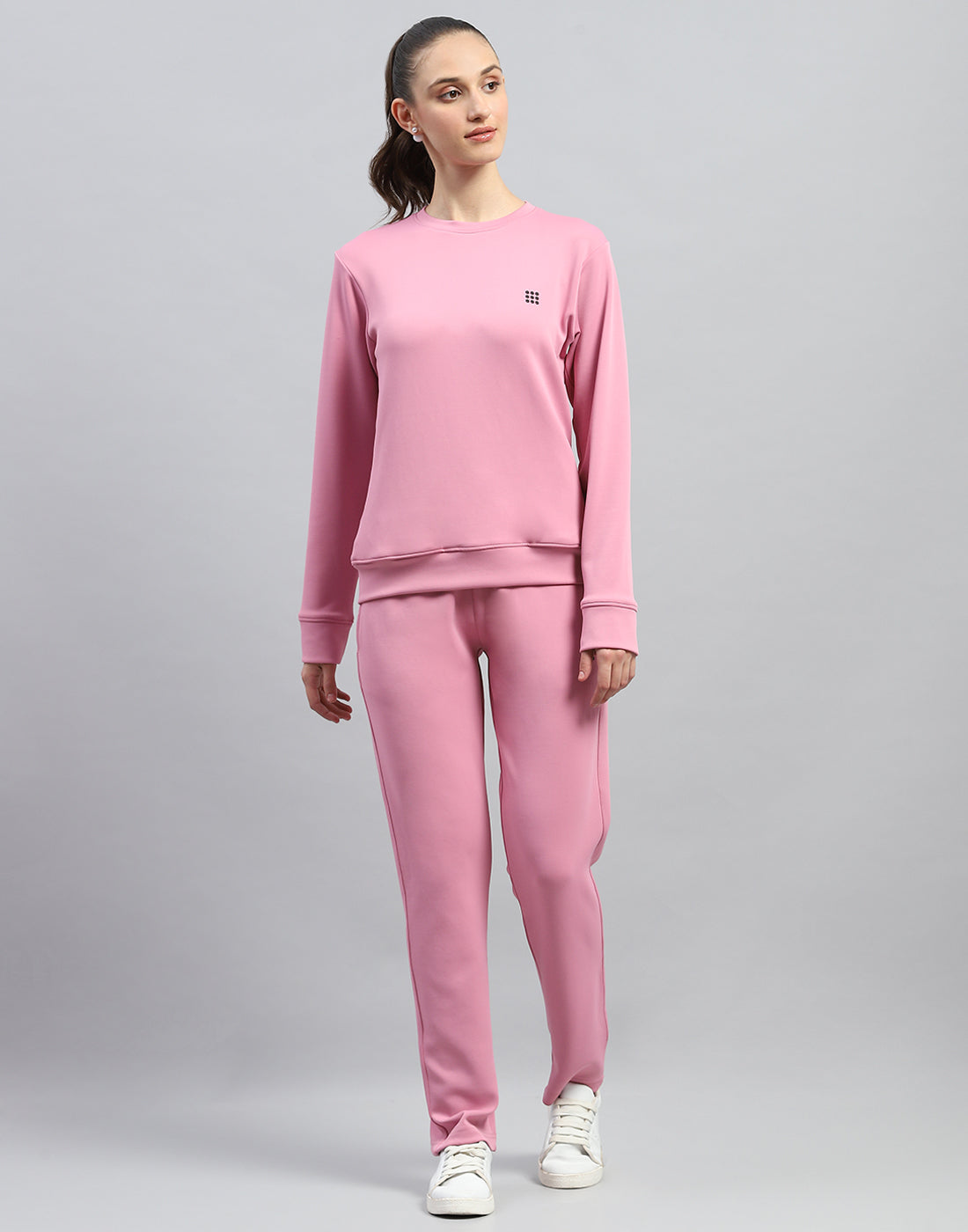 Women Pink Solid Round Neck Full Sleeve Tracksuit