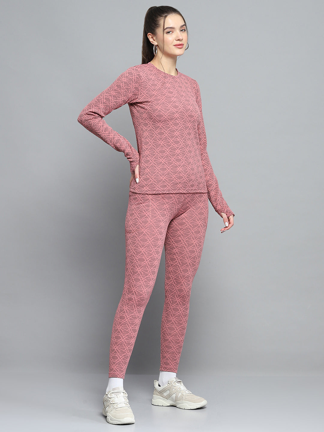 Rock.it Women Peach Self Design Round Neck Full Sleeve Tracksuit