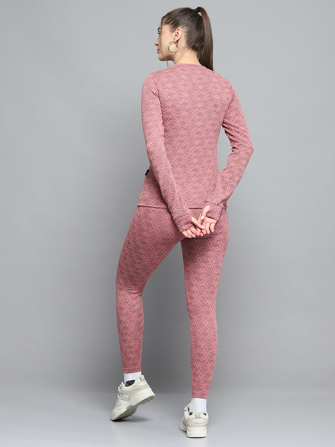 Rock.it Women Peach Self Design Round Neck Full Sleeve Tracksuit
