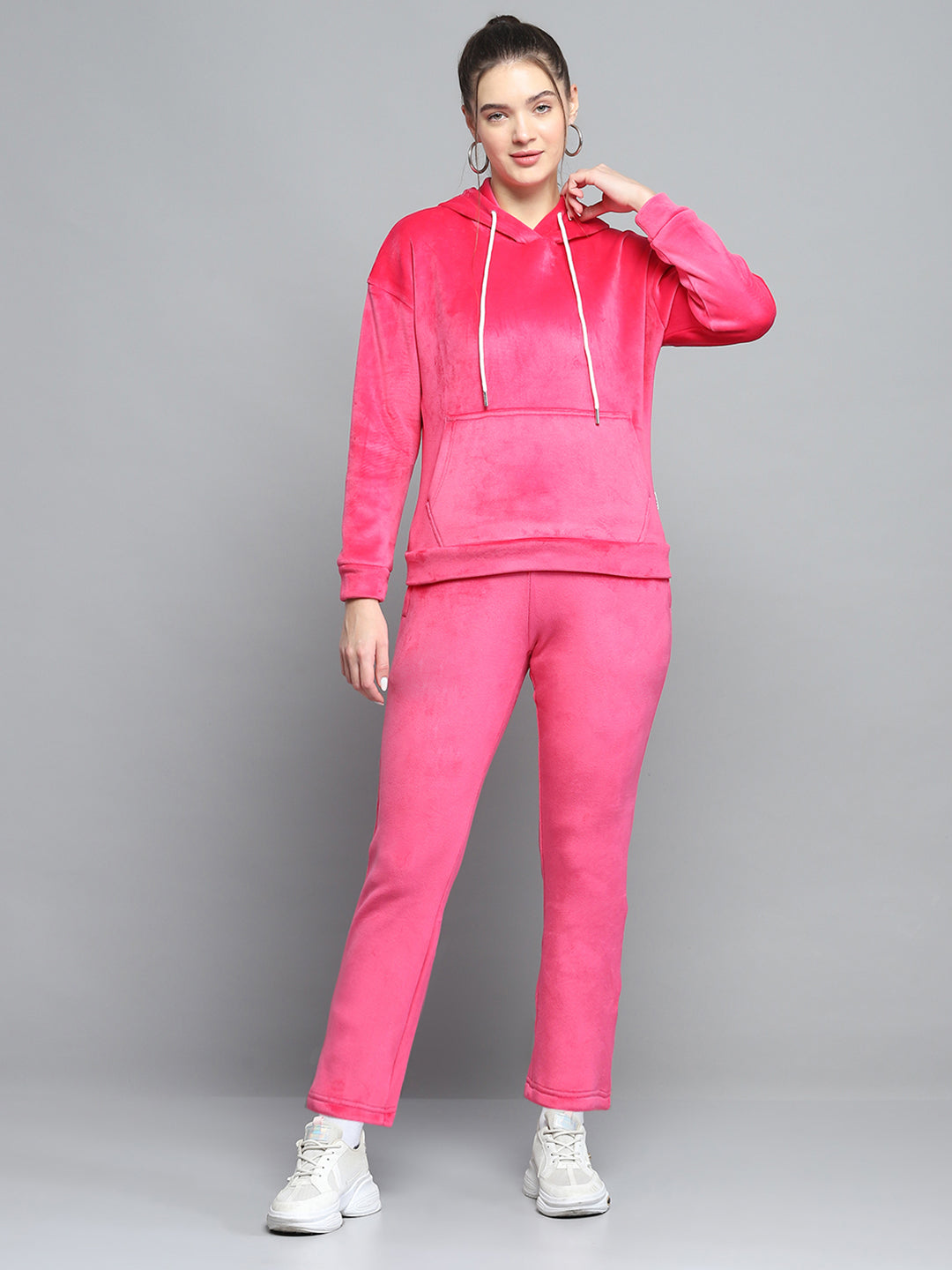 Rock.it Women Pink Solid Hooded Full Sleeve Tracksuit