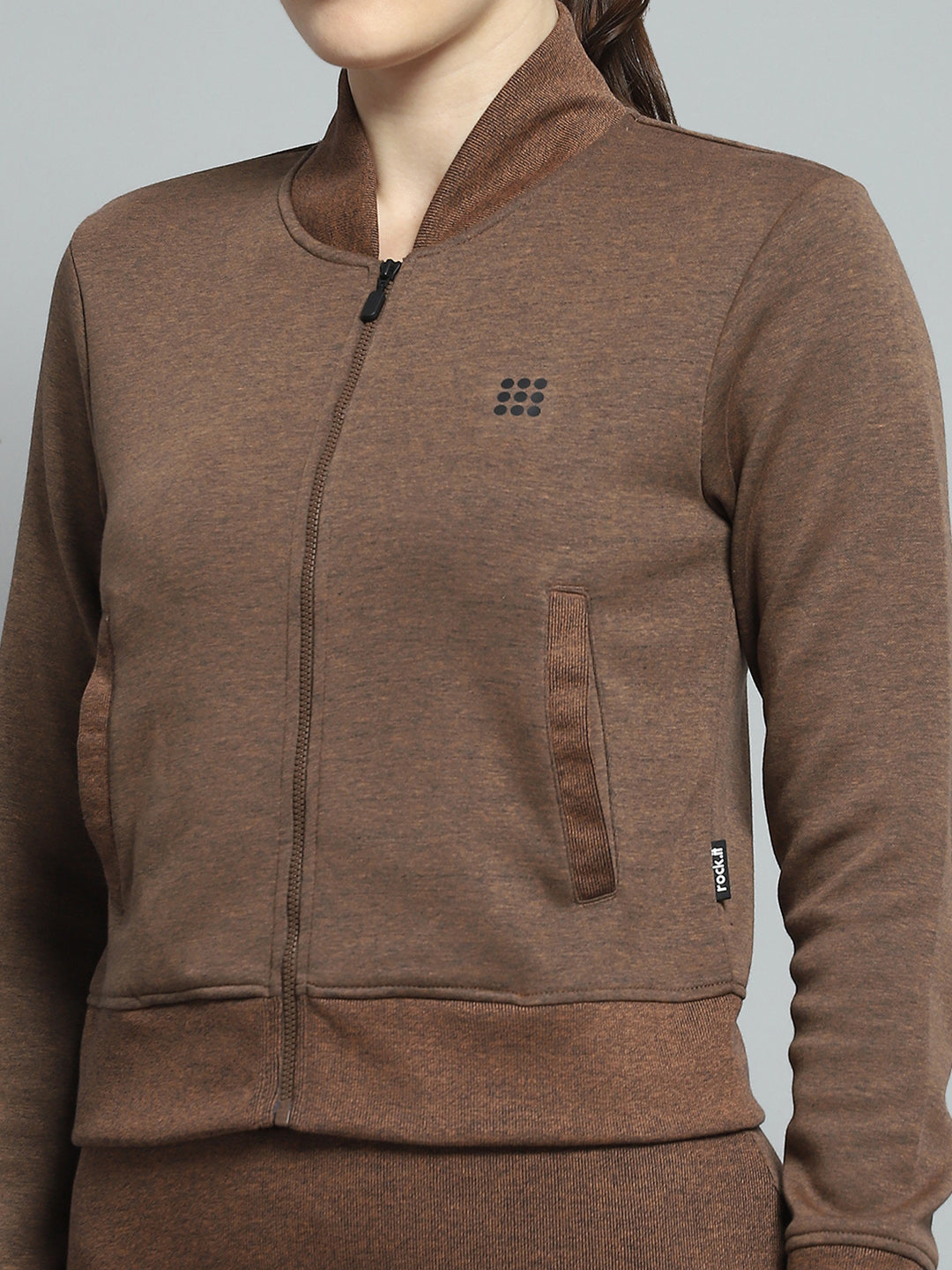 Rock.it Women Brown Solid Mock Neck Full Sleeve Tracksuit