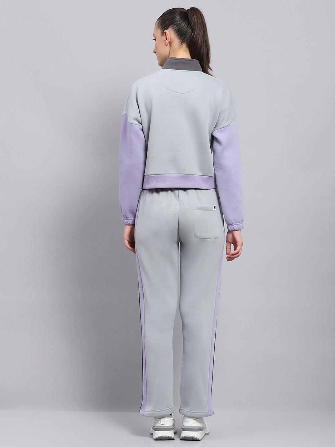 Rock.it Women Grey Solid Mock Neck Full Sleeve Tracksuit