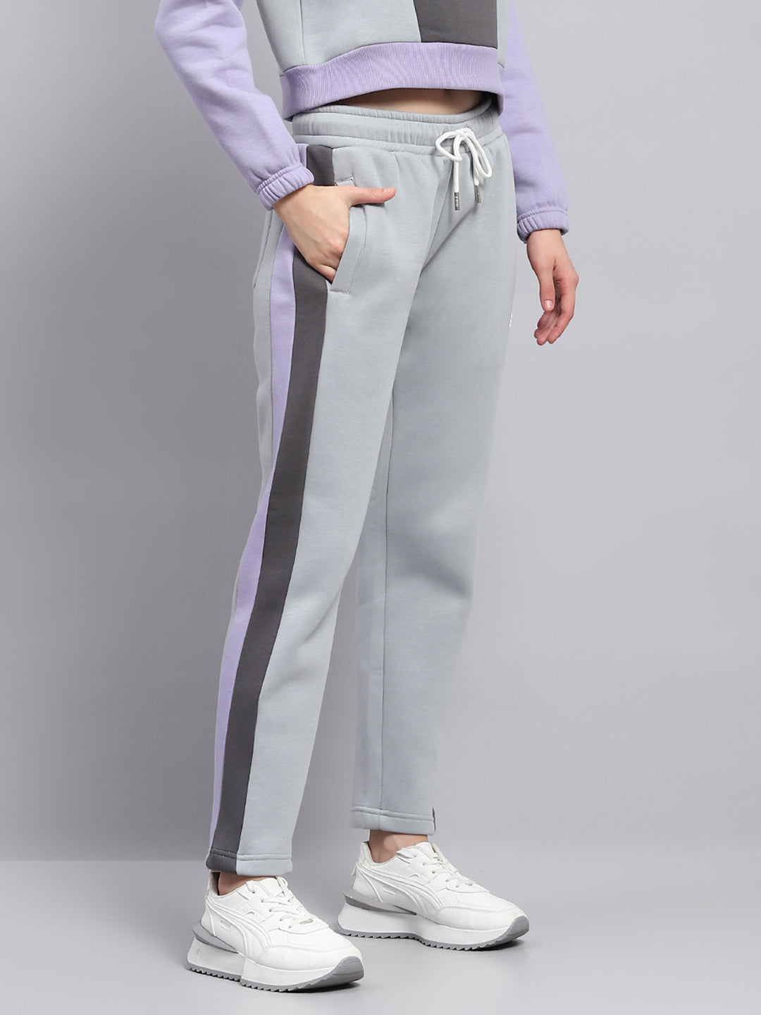 Rock.it Women Grey Solid Mock Neck Full Sleeve Tracksuit