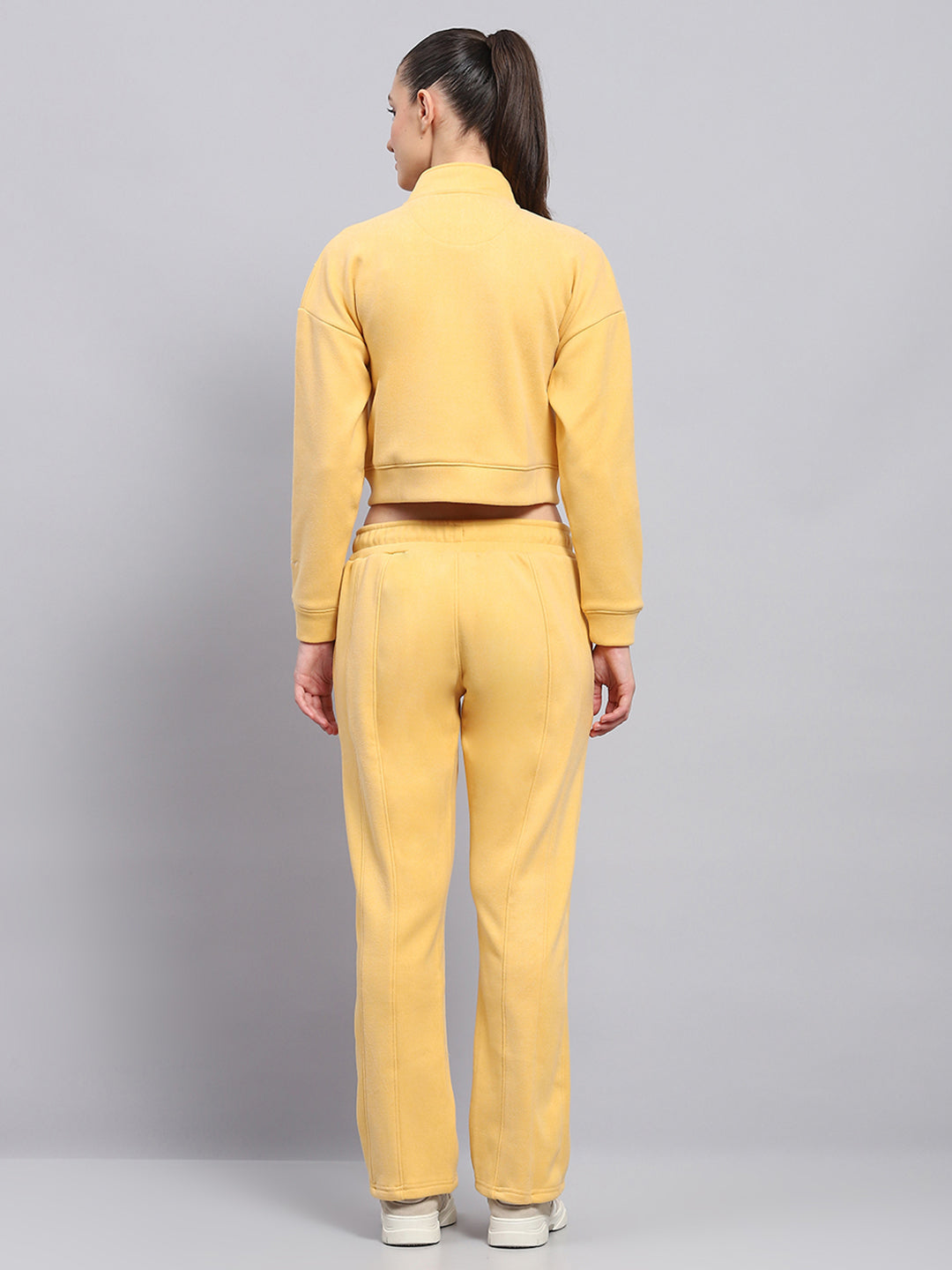 Women Yellow Solid Mock Neck Full Sleeve Tracksuit
