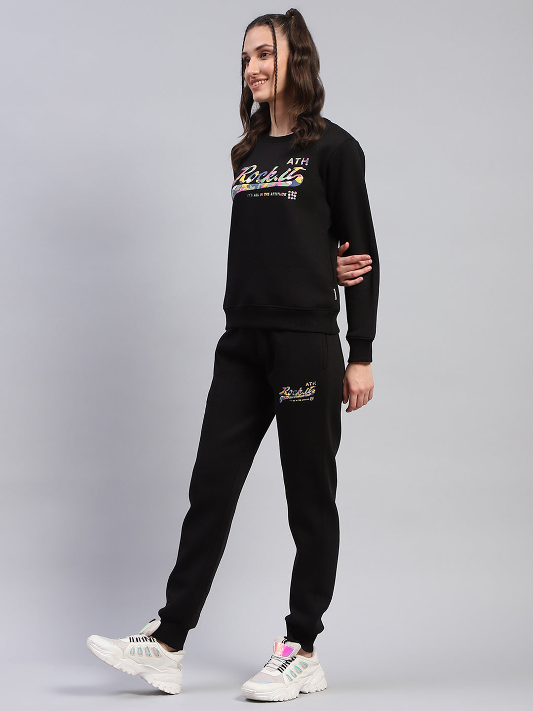 Rock.it Women Black Printed Round Neck Full Sleeve Cords Set