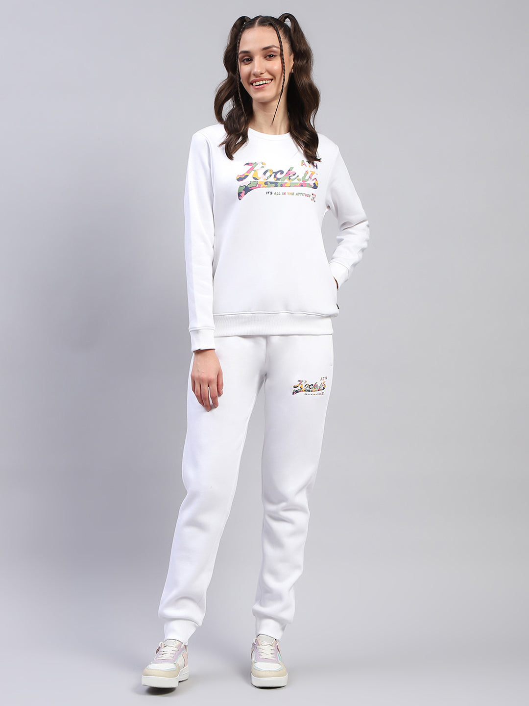 Rock.it Women White Printed Round Neck Full Sleeve Cords Set