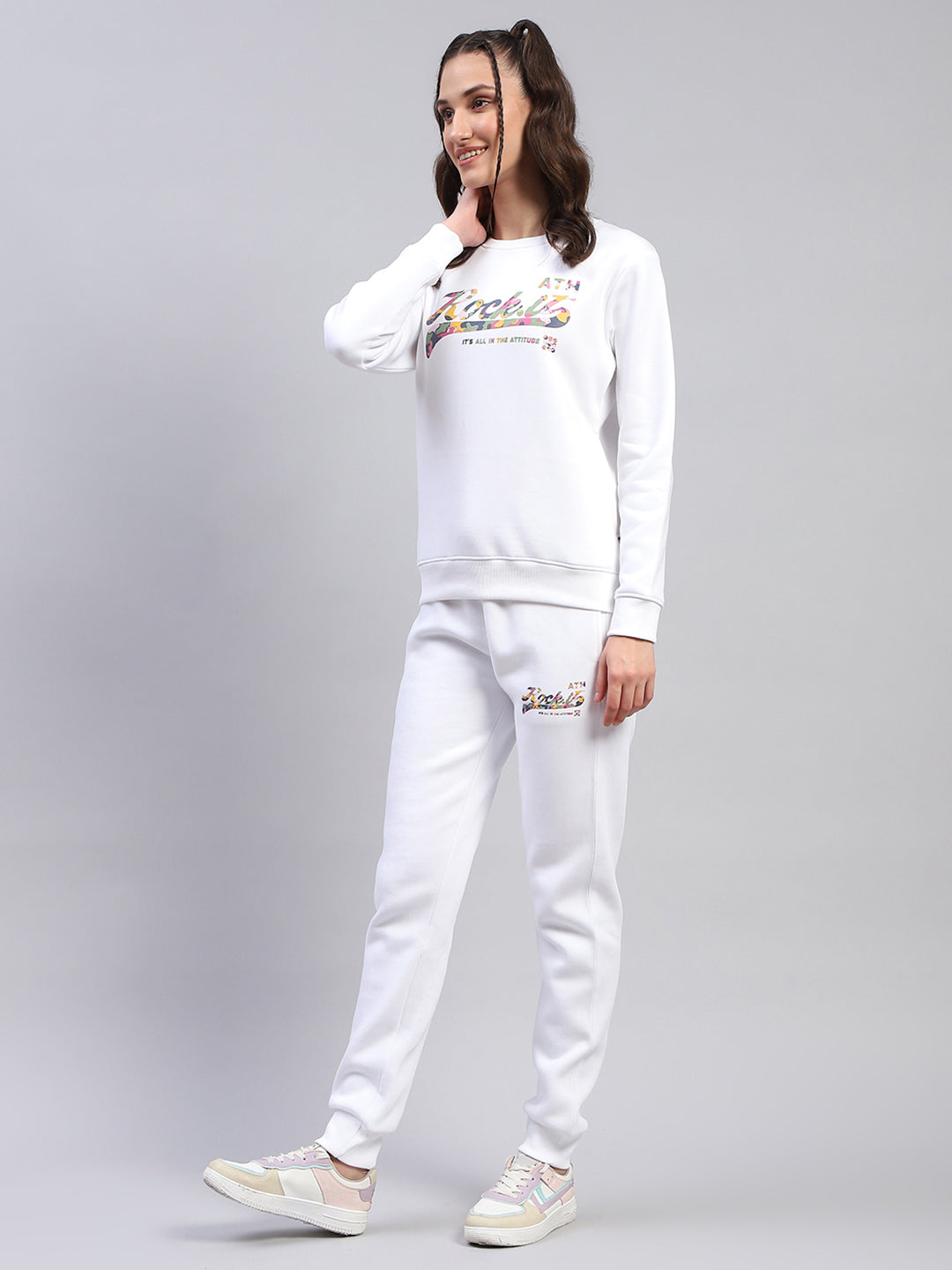 Rock.it Women White Printed Round Neck Full Sleeve Cords Set