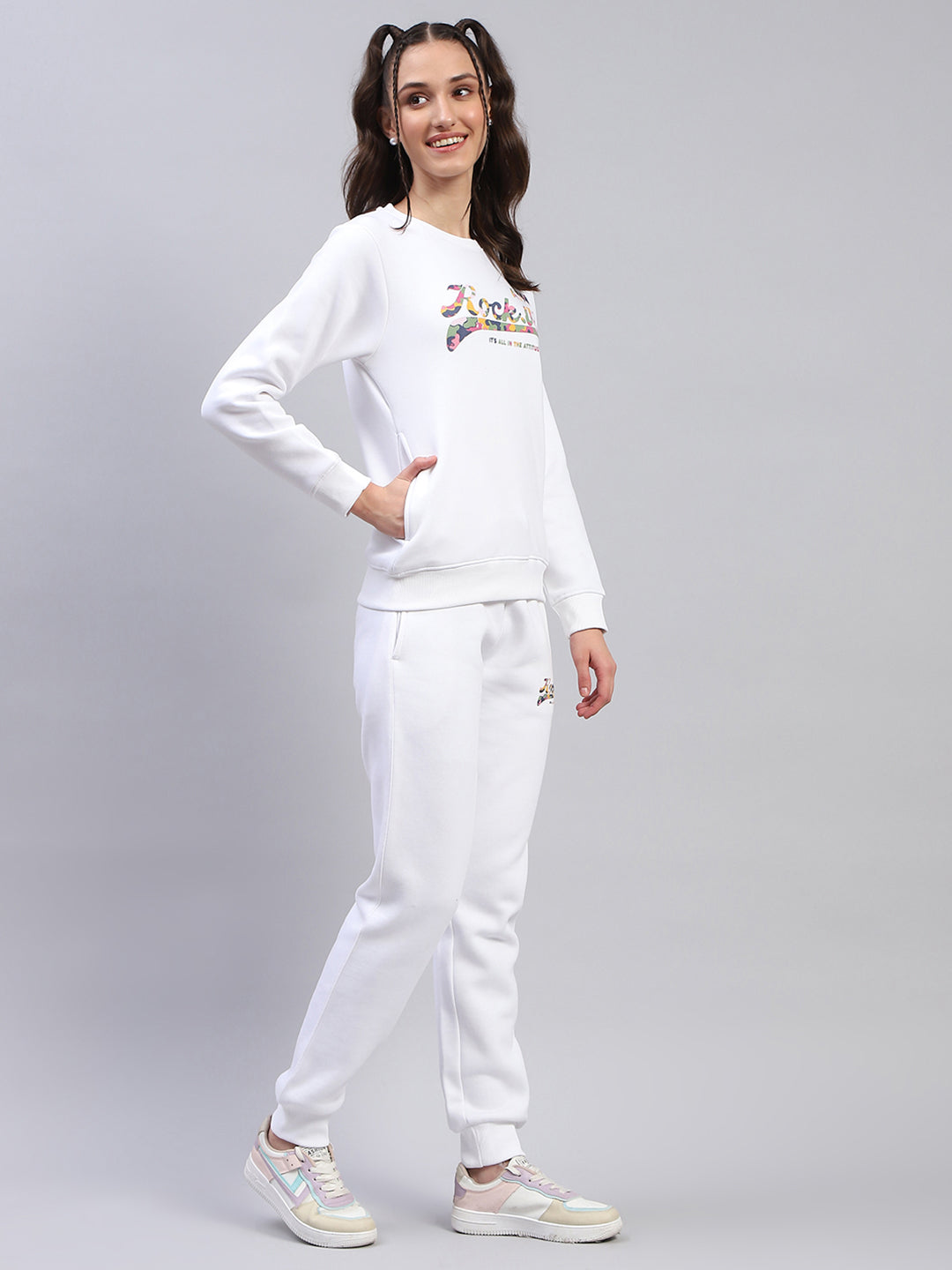 Rock.it Women White Printed Round Neck Full Sleeve Cords Set
