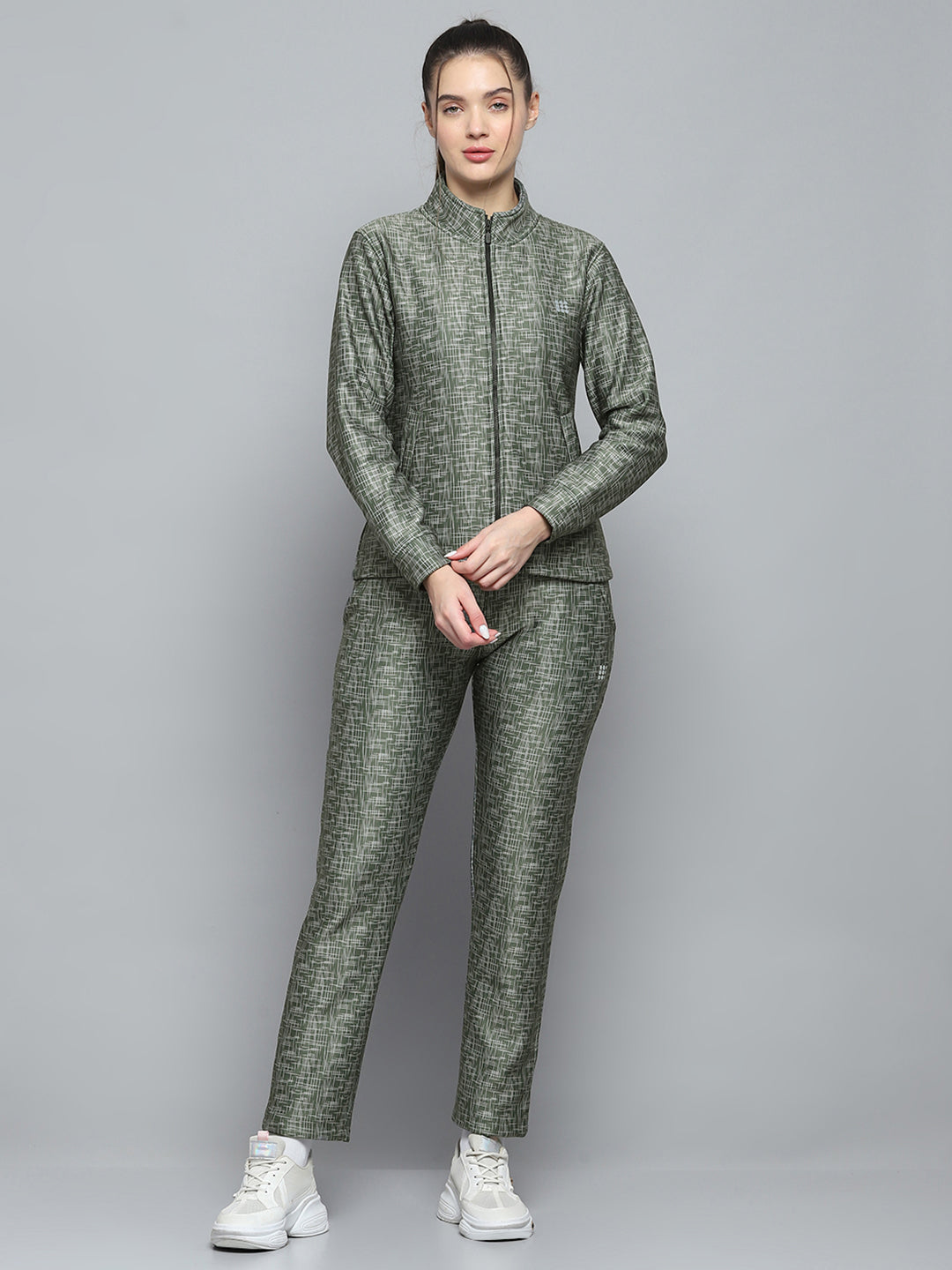 Rock.it Women Olive Printed Mock Neck Full Sleeve Tracksuit