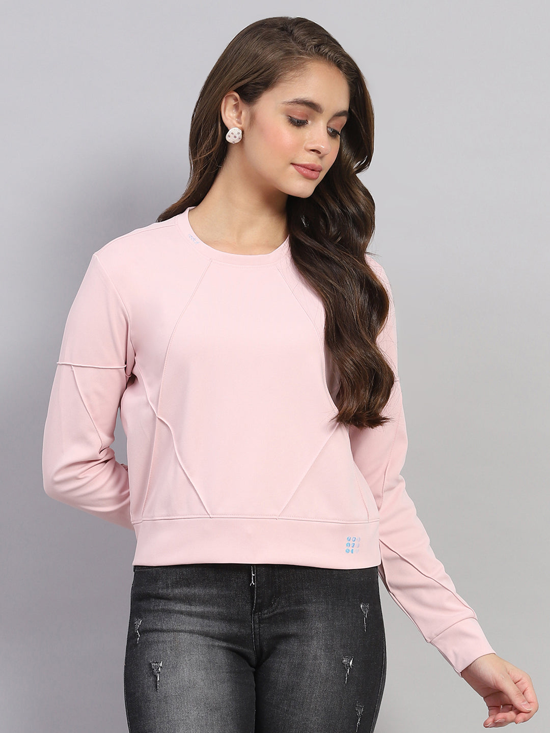 Women Pink Solid Round Neck Full Sleeve Sweatshirt