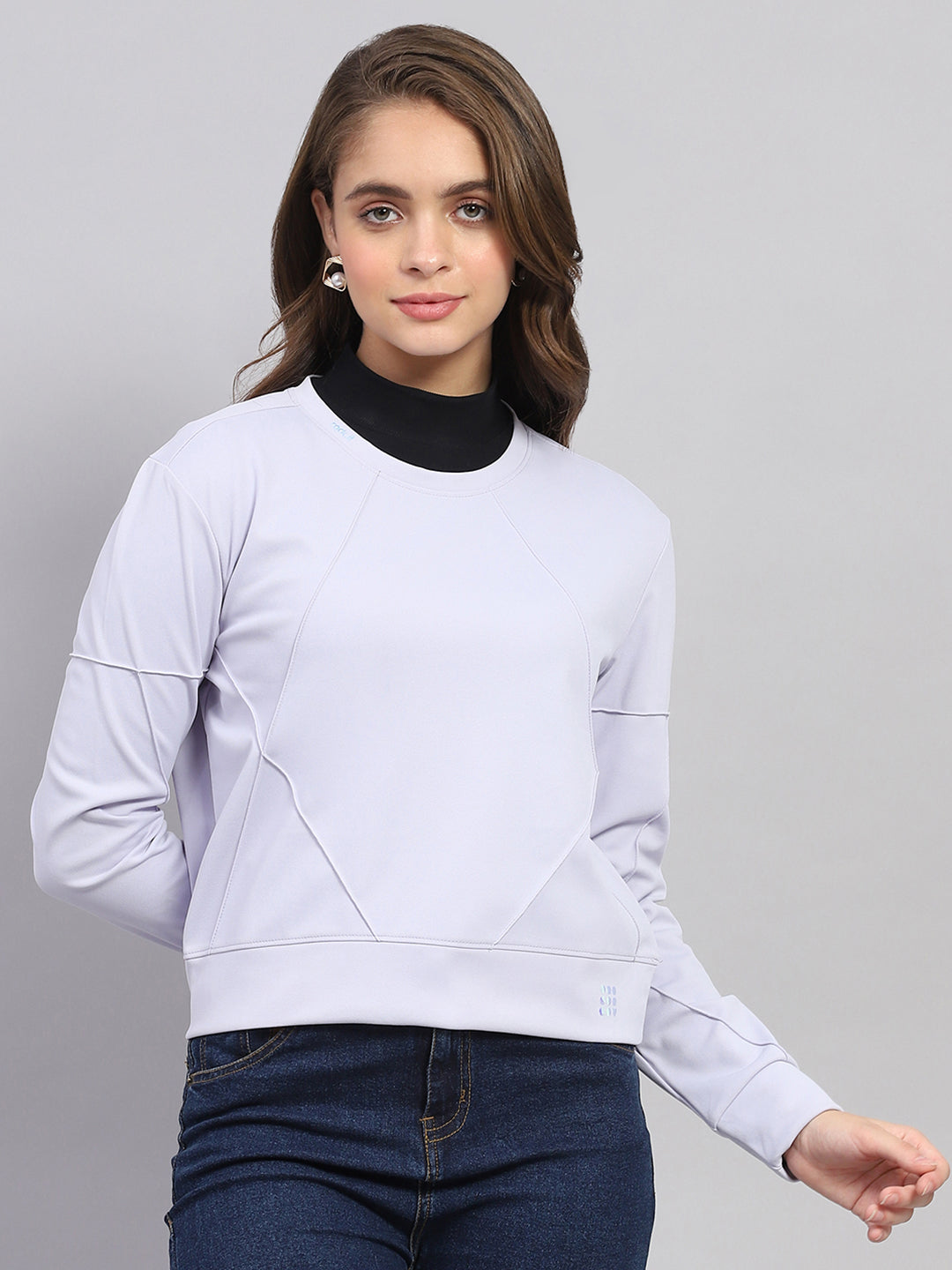 Women Purple Solid Round Neck Full Sleeve Sweatshirt